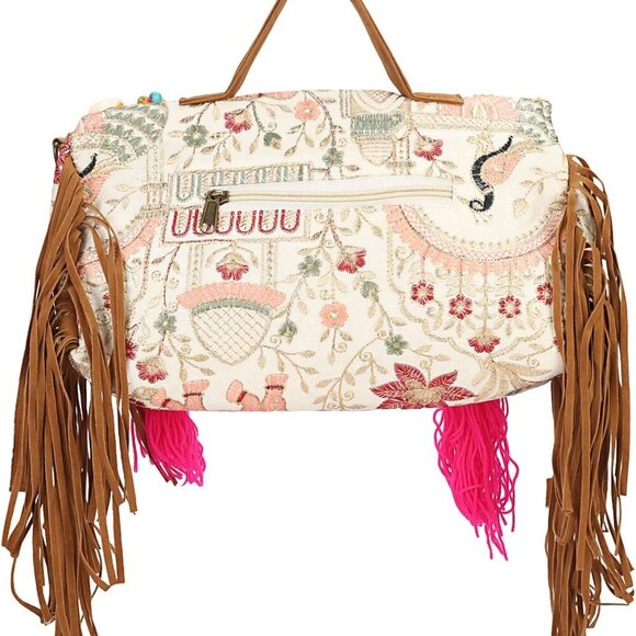 Convertible Floral Embroidered Crossbody Clutch with Leather Fringe - 12" x 6" - Picture 3 of 9